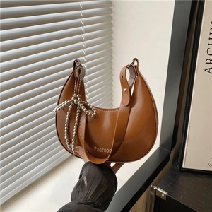 Women's Fashion PU Leather Hobo Bag Minimalist Half Moon Underarm Shoulder Purse With Beaded Bow Pendant Fashion Print Bag