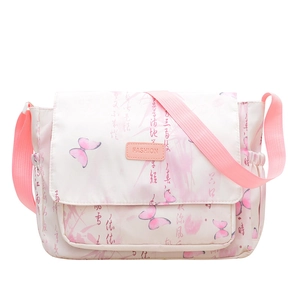Sac messager rose et blanc avec imprimé papillon, calligraphie et bandoulière réglable