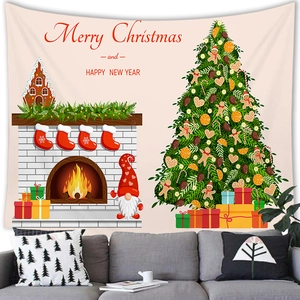 Christmas tapestry featuring gnomes and a fireplace in a cozy living room scene