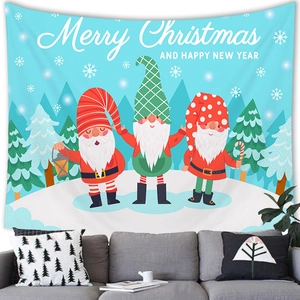 Christmas gnome tapestry with snowy tree landscape hung above a cozy living room sofa
