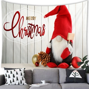 Merry Christmas gnome wall tapestry with wood pattern background for home decor