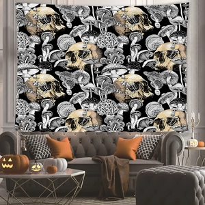 Gothic Halloween tapestry featuring golden skulls and mushrooms for home wall decor
