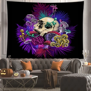 Psychedelic skull tapestry with colorful mushrooms and ferns for Halloween home decor