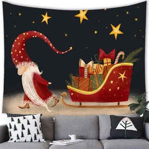 Cozy living room view with a Christmas gnome tapestry hanging above a gray sofa