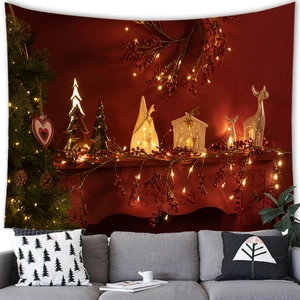 Detail showing a cozy Christmas fireplace scene on a peach skin fabric wall tapestry