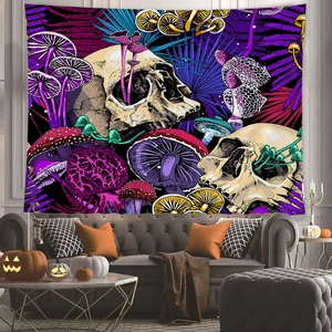 Detailed close-up of psychedelic skull and mushroom wall tapestry in a living room setting