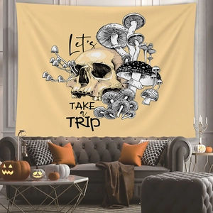 Detail of psychedelic skull and mushroom wall tapestry in a modern living room