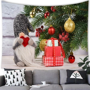 Christmas gnome wall tapestry featuring festive gift boxes and holiday tree decorations