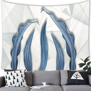 Modern wall tapestry featuring deep blue leaves on minimalist geometric background cloth