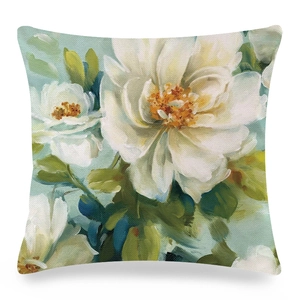 Vierkante kussensloop met aquarel witte bloemen op een muntgroene achtergrond