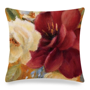 Detailed close-up of watercolor camellia floral print on silk-like cushion cover texture