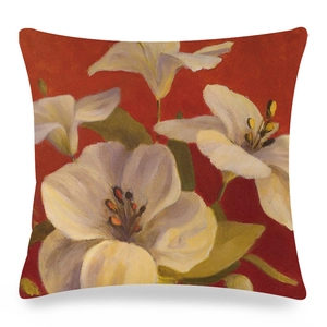 Detailed close-up of oil painting style white lily flower print on fabric pillow case