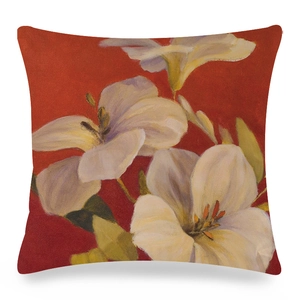 Detailed texture of watercolor floral oil painting cushion cover on silk-like fabric