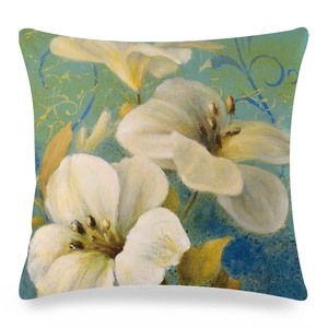 Detail of artistic watercolor white lily and golden leaves on faux silk cushion cover