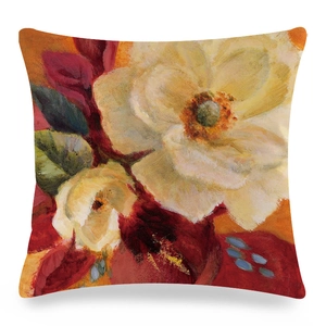 Macro shot of faux silk cushion cover featuring vivid watercolor camellia floral oil painting