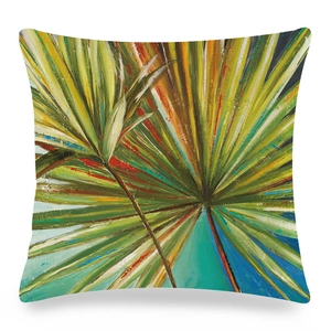 Housse de coussin carrée avec peinture à l'huile de palmier tropical aux tons vert et jaune