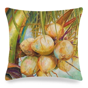 Détail de peinture à l'huile tropicale avec palmier et noix de coco sur la housse