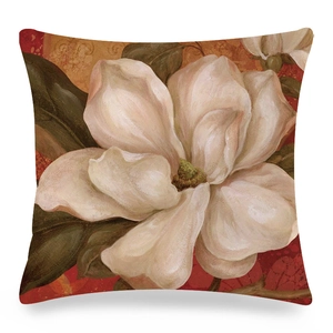 Square faux silk cushion cover with white camellia watercolor print and green leaves