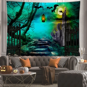Halloween fantasy tapestry showing spooky forest castle and bats as wall decor