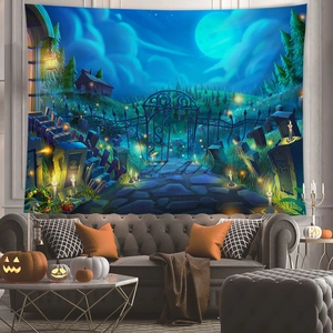 Halloween wall tapestry showing a fantasy night cemetery with moon over a grey sofa