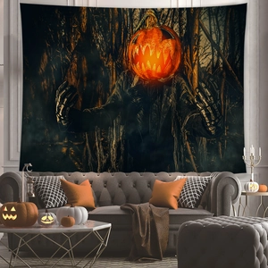 Detailed Halloween tapestry showing pumpkin figure in dark forest hanging over a sofa