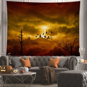 Spooky Halloween forest tapestry with lightning and ravens hanging over a sofa