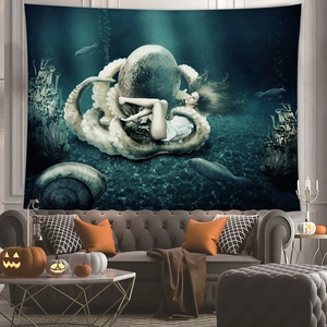 Surrealist ocean tapestry with giant octopus and mermaid in a dark mystical forest setting