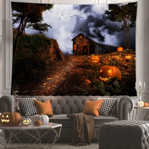 Halloween tapestry with glowing pumpkins and full moon hanging above a modern sofa