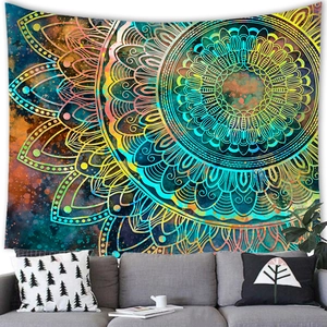 Vibrant starry sky mandala wall tapestry above a sofa in a modern living room decor