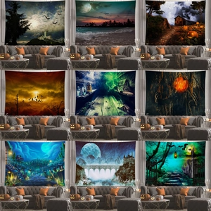 Halloween Tapestry Wall Hanging Polyester Fabric Horror Gothic Castle Pumpkin Misty Forest Fantasy Party Decor