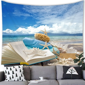 Detailed texture of beach tapestry showing seaside books, starfish and seashells