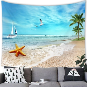 Detailed wall hanging fabric showing a tropical beach with starfish and palm trees