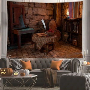 Detailed view of witch's magic room tapestry hanging over a sofa for wall decor