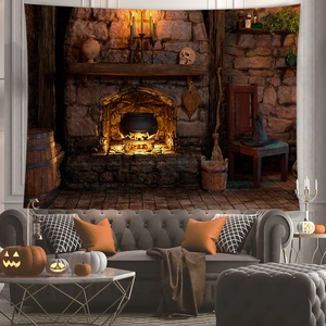 Detail of Halloween magic room tapestry featuring a fireplace and witch hats on wall