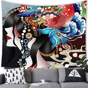 Ukiyo-e style woman tapestry with goldfish and waves hanging above a grey sofa