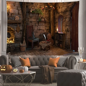Detail of Halloween witch magic house tapestry with fireplace and library on a gray sofa