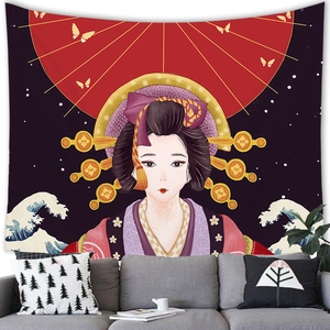 Detailed view of Ukiyo-e geisha tapestry hanging on a white wall above a sofa