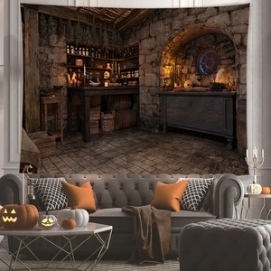 Halloween witch magical room tapestry featuring a vintage alchemy lab on peach skin fabric