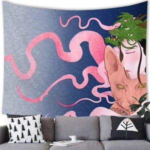 Artistic Ukiyo-e tapestry with dragon and cat detail above a grey fabric sofa