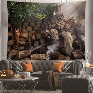 Steampunk witch wall tapestry decor featuring character and forest log scene on grey sofa