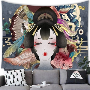 Ukiyo-e geisha wall tapestry with koi fish and wave patterns above a modern sofa
