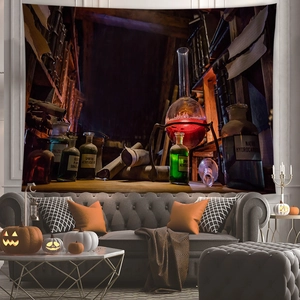 Halloween witch alchemy laboratory tapestry featuring potion bottles and vintage scrolls