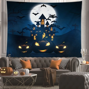 Arazzo da parete per Halloween con castello spettrale, luna piena, pipistrelli e zucche