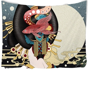 Ukiyo-e style tapestry featuring a red koi fish, white moon, and waves wall hanging deco