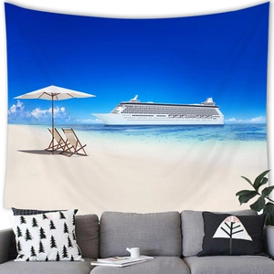 Détail d'une tapisserie de plage tropicale avec paquebot et chaises de jardin