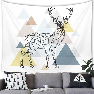 Detail of Nordic wall tapestry featuring black geometric elk and morandi color triangles
