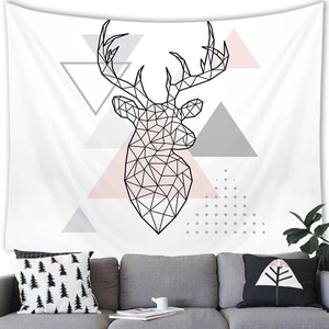 Detail of a minimalist geometric elk wall tapestry in a modern Nordic living room setting