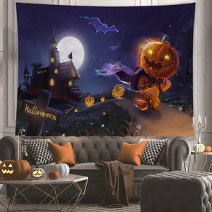 Detail of Halloween tapestry showing a pumpkin character and castle above a sofa