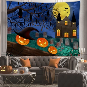 Detail of Halloween tapestry with castle, bats, and pumpkins hanging in a cozy living room