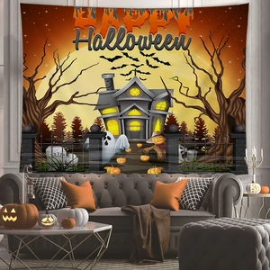 Halloween wall tapestry featuring pumpkin lanterns and ghosts in a modern living room